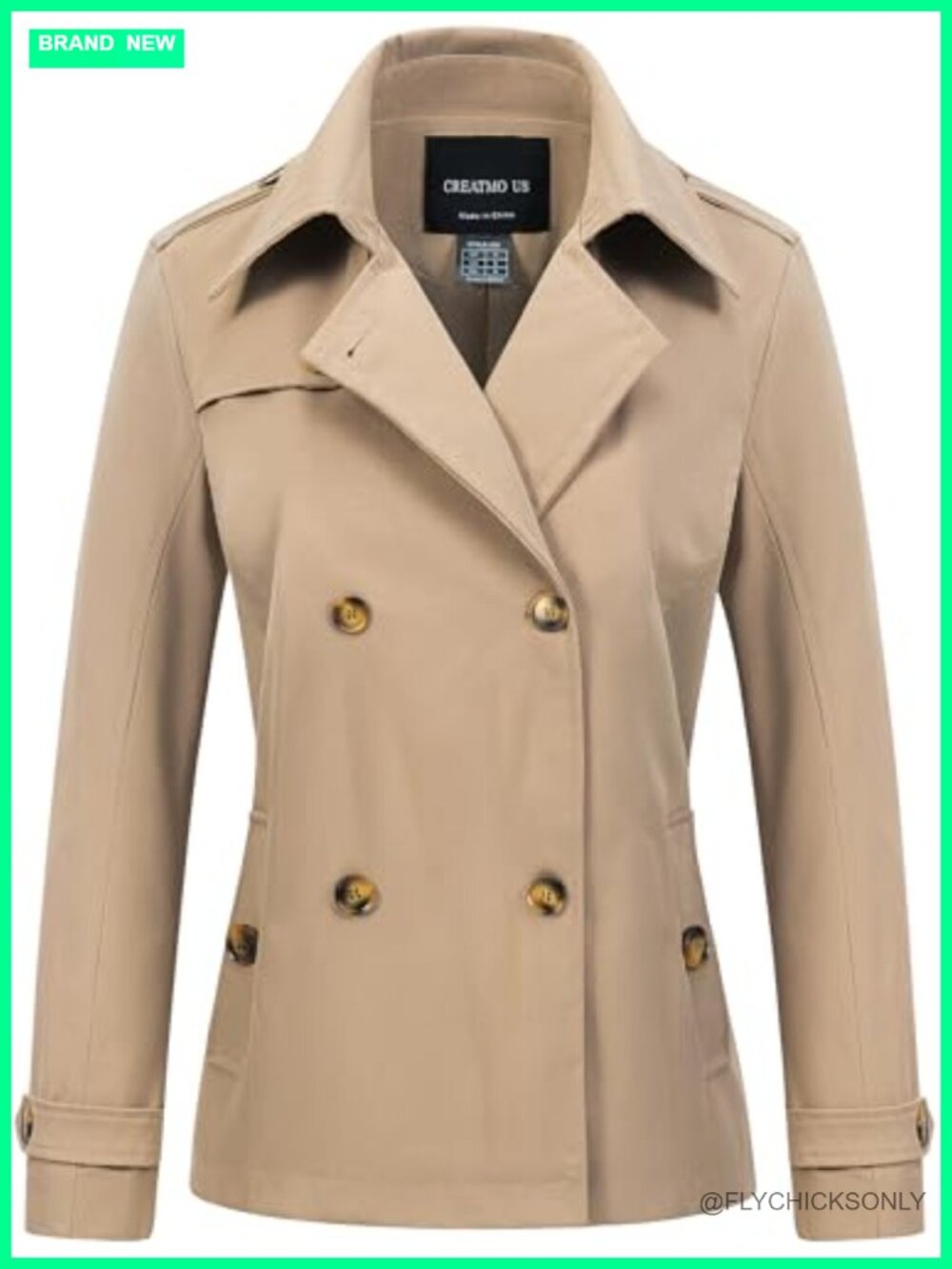 Cropped Trench Coat Classic Double Breasted Lapel Jacket Water Repellent